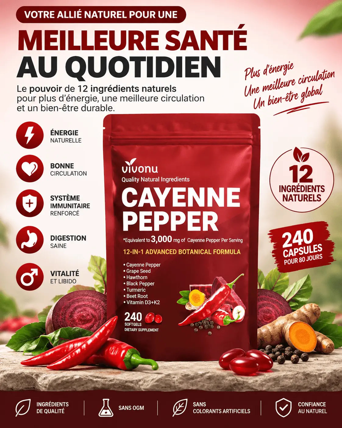Capsules Molles de Poivre de Cayenne, Soutient le Système Immunitaire et l'Activité Antioxydante - 240 Capsules