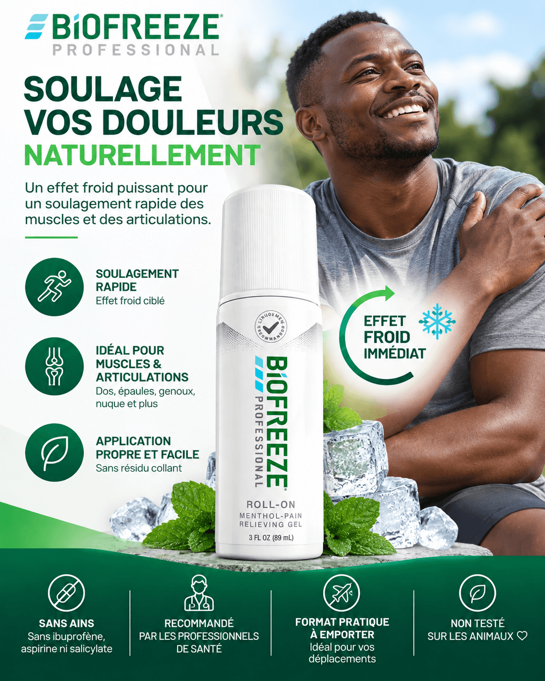 Biofreeze™ Roll-on Anti Douleur au Menthol, Soulagement Rafraîchissant des Douleurs Articulaires