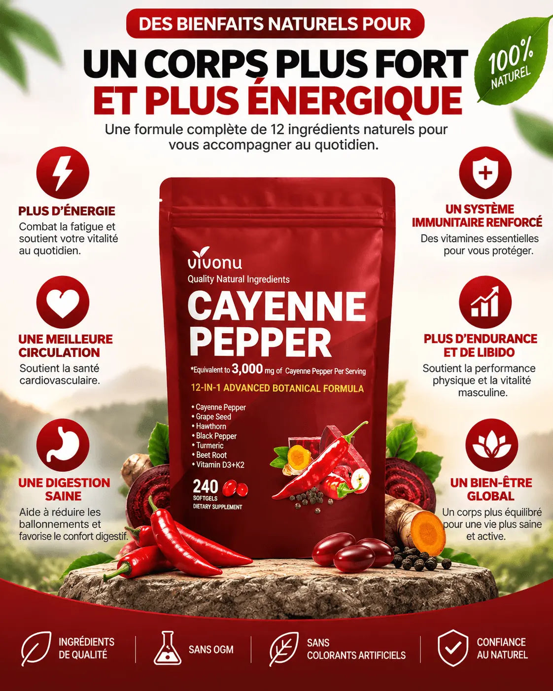Capsules Molles de Poivre de Cayenne, Soutient le Système Immunitaire et l'Activité Antioxydante - 240 Capsules
