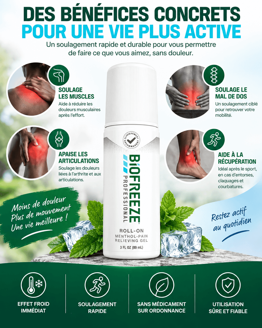 Biofreeze™ Roll-on Anti Douleur au Menthol, Soulagement Rafraîchissant des Douleurs Articulaires