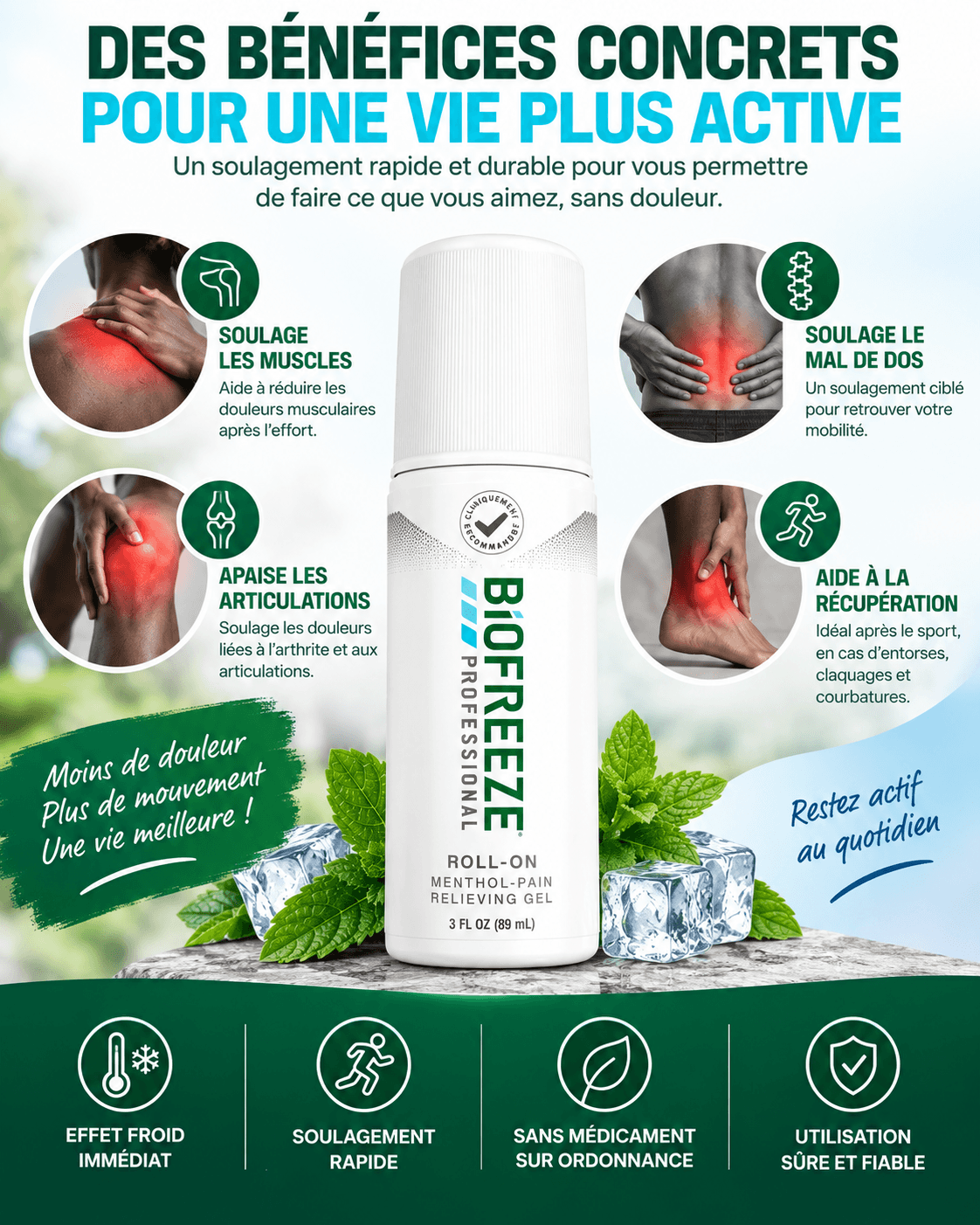 Biofreeze™ Roll-on Anti Douleur au Menthol, Soulagement Rafraîchissant des Douleurs Articulaires