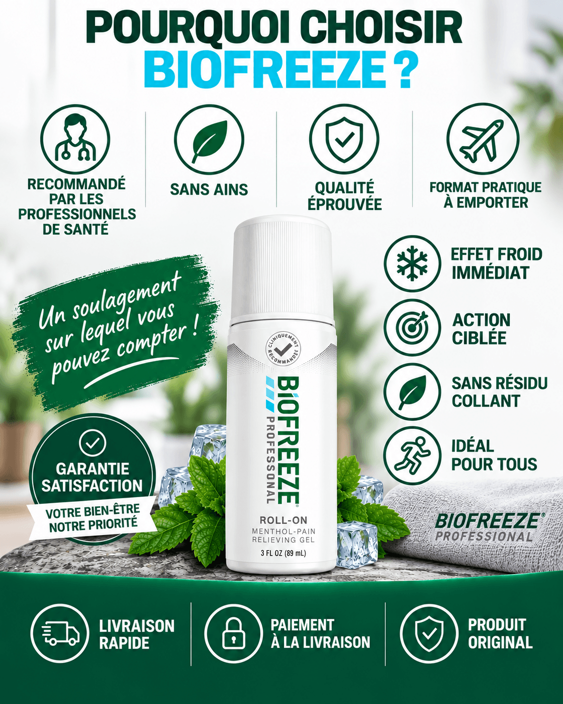 Biofreeze™ Roll-on Anti Douleur au Menthol, Soulagement Rafraîchissant des Douleurs Articulaires
